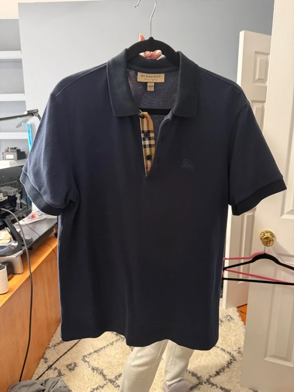 Burberry Navy Polo with Signature Check Placket - Picture 1 of 3